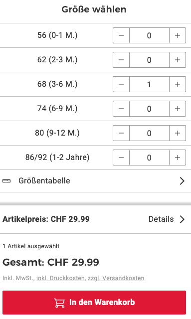 Preis berechnen und Grösse wählen